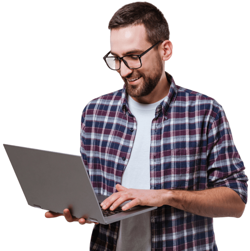 Professional looking at laptop screen for Webflow Jobs